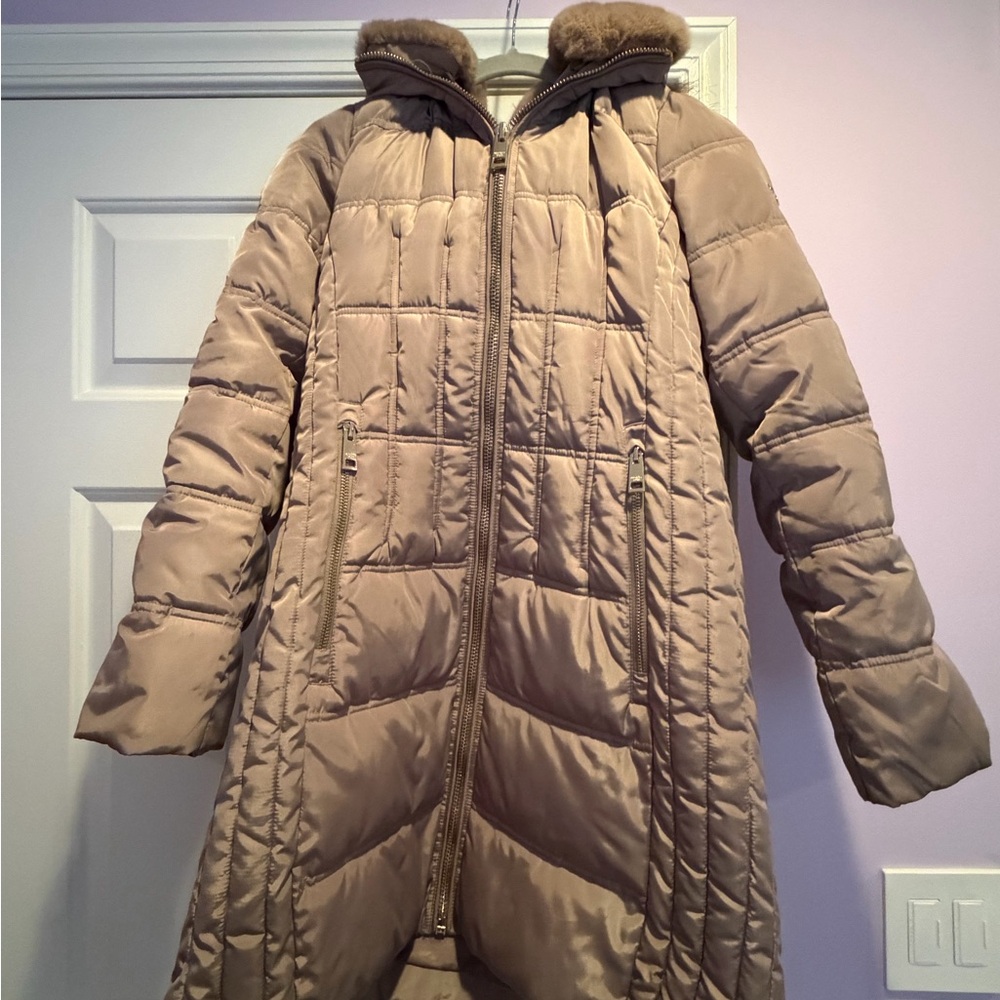 Michael Kors Tan Puffer Jacket with Fur Trim